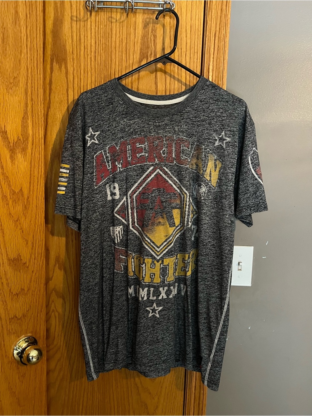 American Fighter Gray Graphic Tee with Red & Yellow Accents